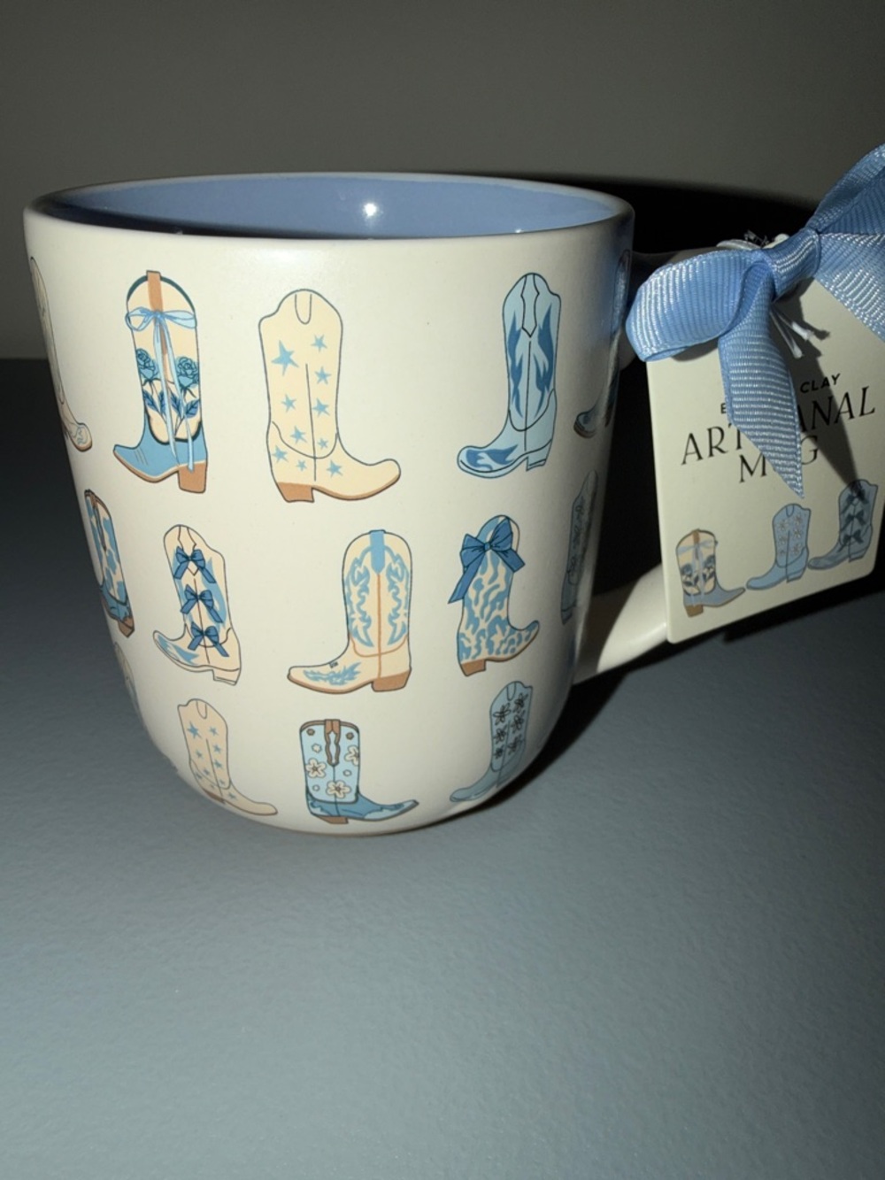 Blue and Cream Cowboy Boot Ceramic Mug